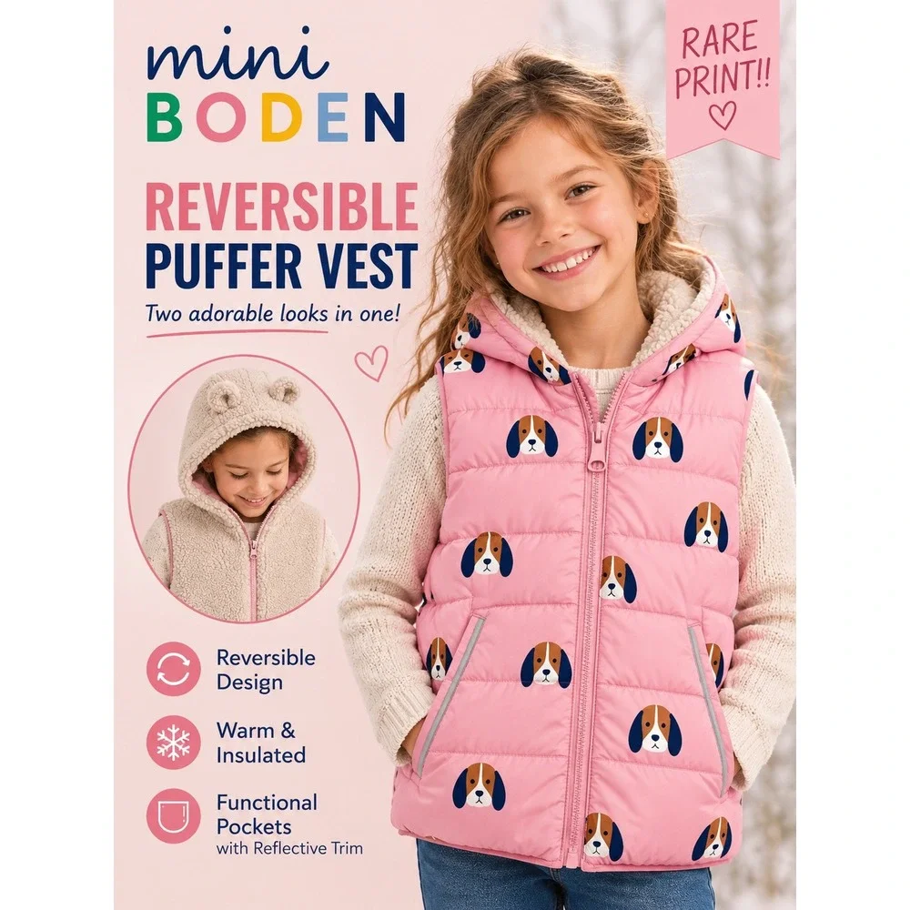 Mini Boden Reversible Puffer Vest Girls 6-7Y Pink Beagle‎ Dog Sherpa Fleece Hood